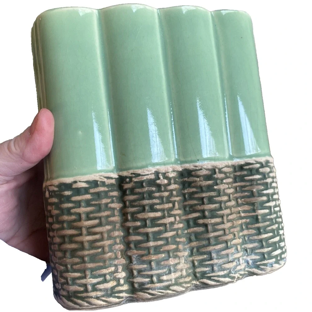 Vintage McCoy Vase Art Pottery Glazed Green Matte Tan Basket Weave Wicker Look